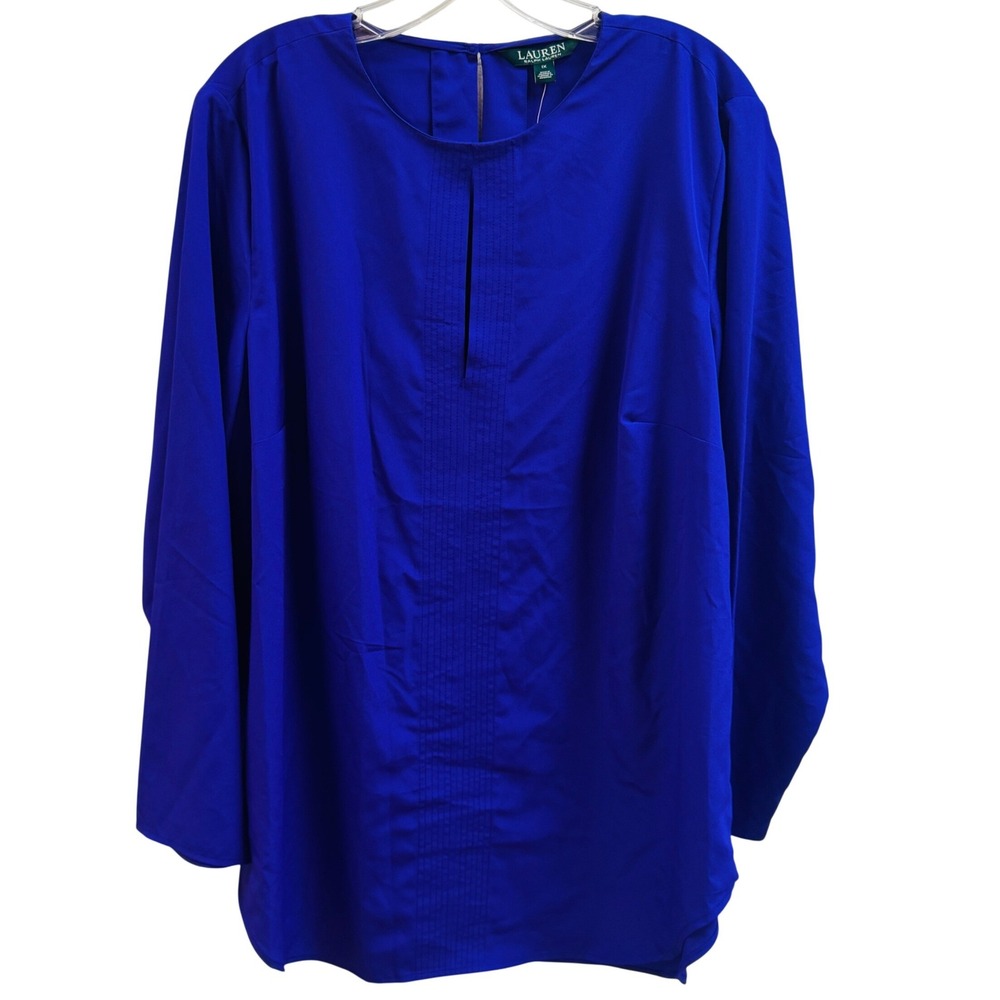 NWT Lauren Ralph Lauren Royal Blue Pleated Keyhole Blouse Plus Size 1x